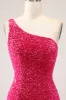 Sparkly Fuchsia Mermaid One Shoulder Long Sequin Prom Dress with Slit sold by Zapaka