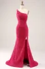 Sparkly Fuchsia Mermaid One Shoulder Long Sequin Prom Dress with Slit sold by Zapaka