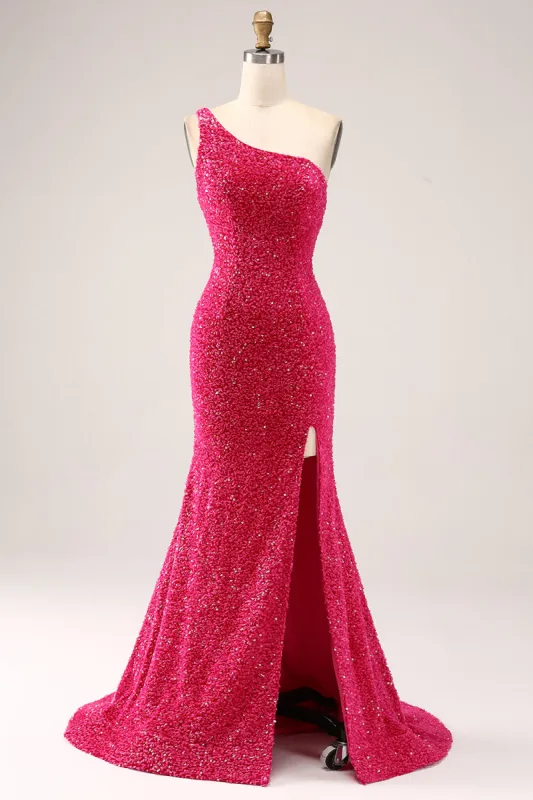 Sparkly Fuchsia Mermaid One Shoulder Long Sequin Prom Dress with Slit sold by Zapaka