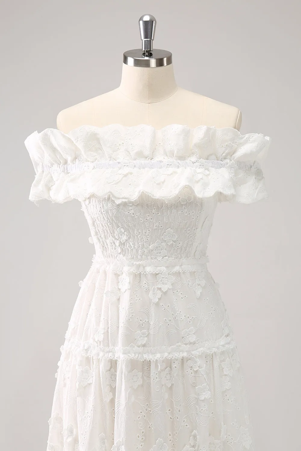 Cute A-Line White Off the Shoulder Midi Dress with Ruffles sold by Zapaka product image thumbnail 4