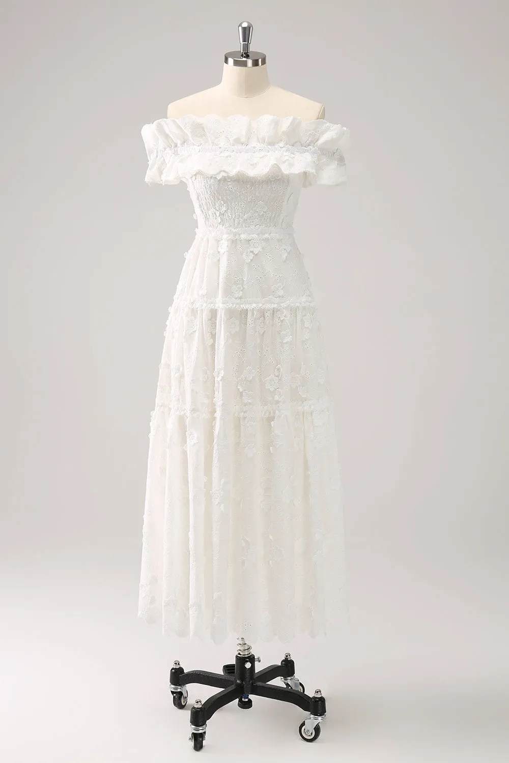 Cute A-Line White Off the Shoulder Midi Dress with Ruffles sold by Zapaka