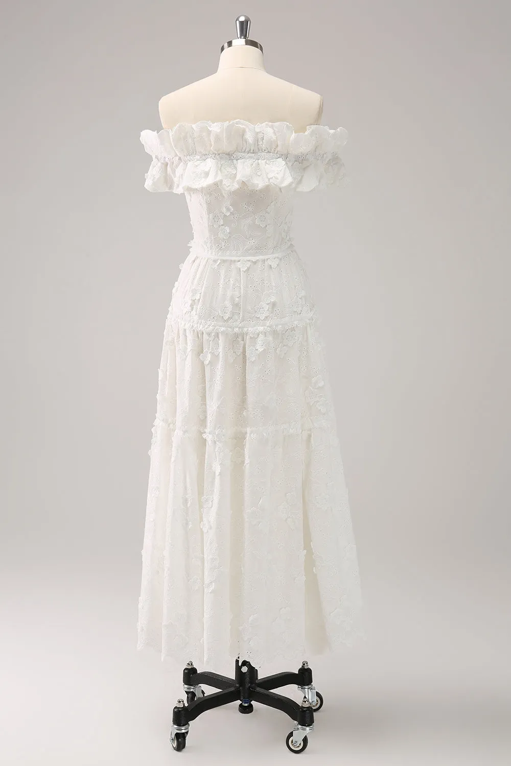 Cute A-Line White Off the Shoulder Midi Dress with Ruffles sold by Zapaka product image thumbnail 2