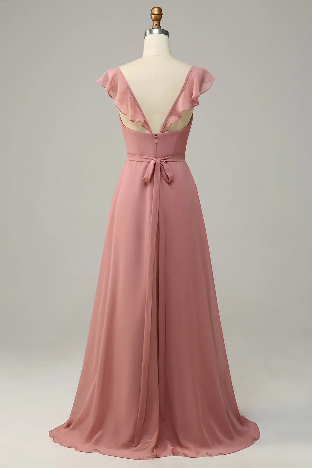 Dusty Rose A Line Ruffles Long Bridesmaid Dress With Slit sold by Zapaka product image thumbnail 2