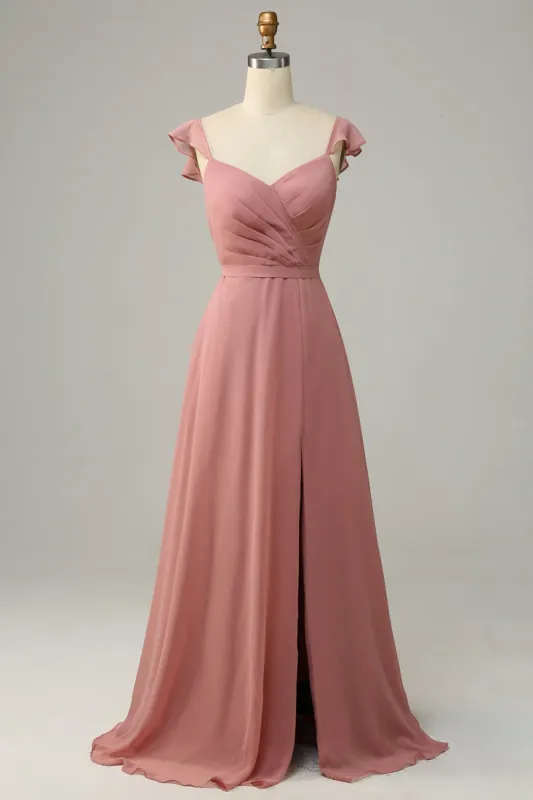 Dusty Rose A Line Ruffles Long Bridesmaid Dress With Slit sold by Zapaka