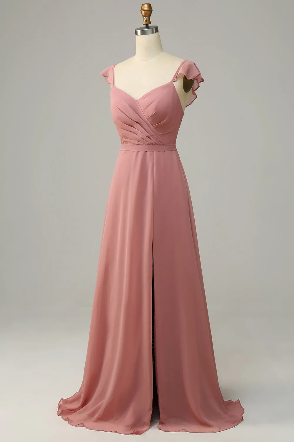 Dusty Rose A Line Ruffles Long Bridesmaid Dress With Slit sold by Zapaka product image thumbnail 3