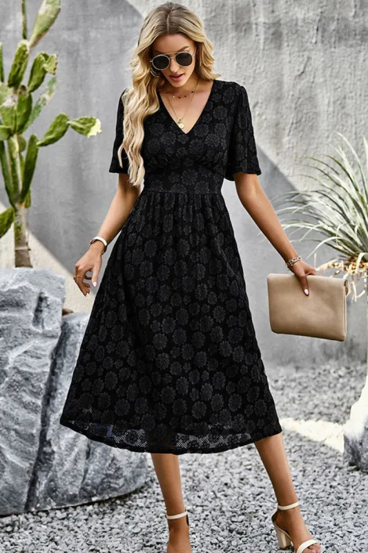 V Neck Black Lace Short Sleeves Summer Dress sold by Zapaka
