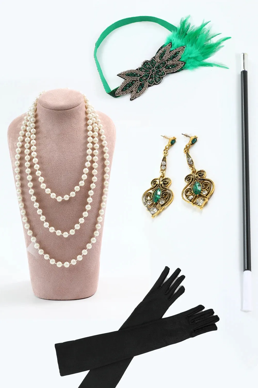 Dark Green Sequined Fringed 1920s Gatsby Dress with Accessories Set sold by Zapaka product image thumbnail 4