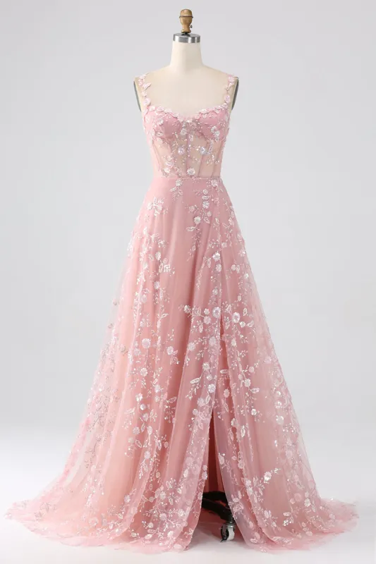 Sparkly Blush A Line Spaghetti Straps Sequin Corset Prom Dress With Slit sold by Zapaka