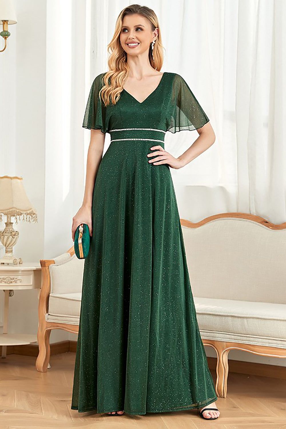 Sparkly Flutter Sleeves V-Neck Dark Green A Line Prom Dress sold by Zapaka product image thumbnail 5