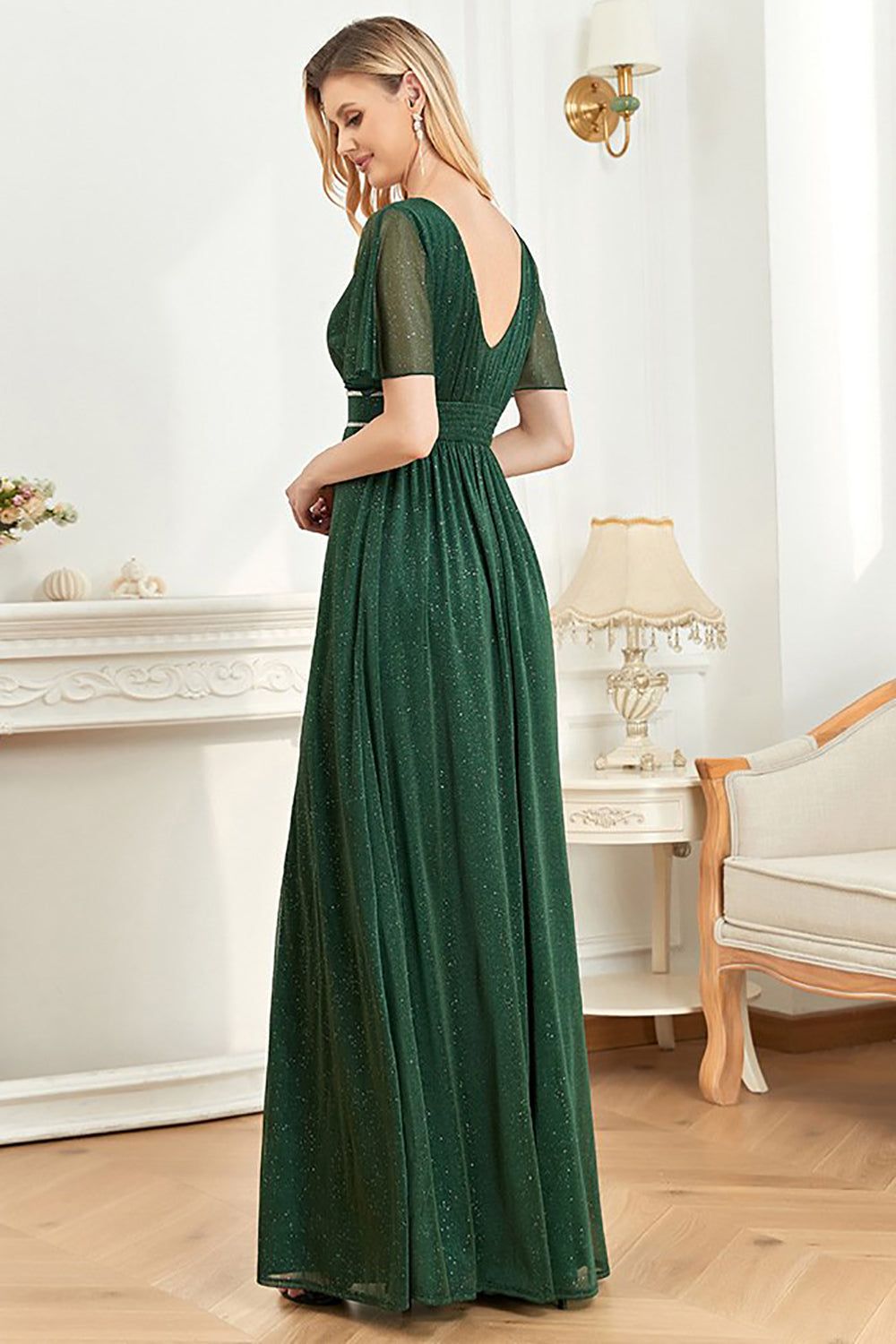 Sparkly Flutter Sleeves V-Neck Dark Green A Line Prom Dress sold by Zapaka product image thumbnail 2