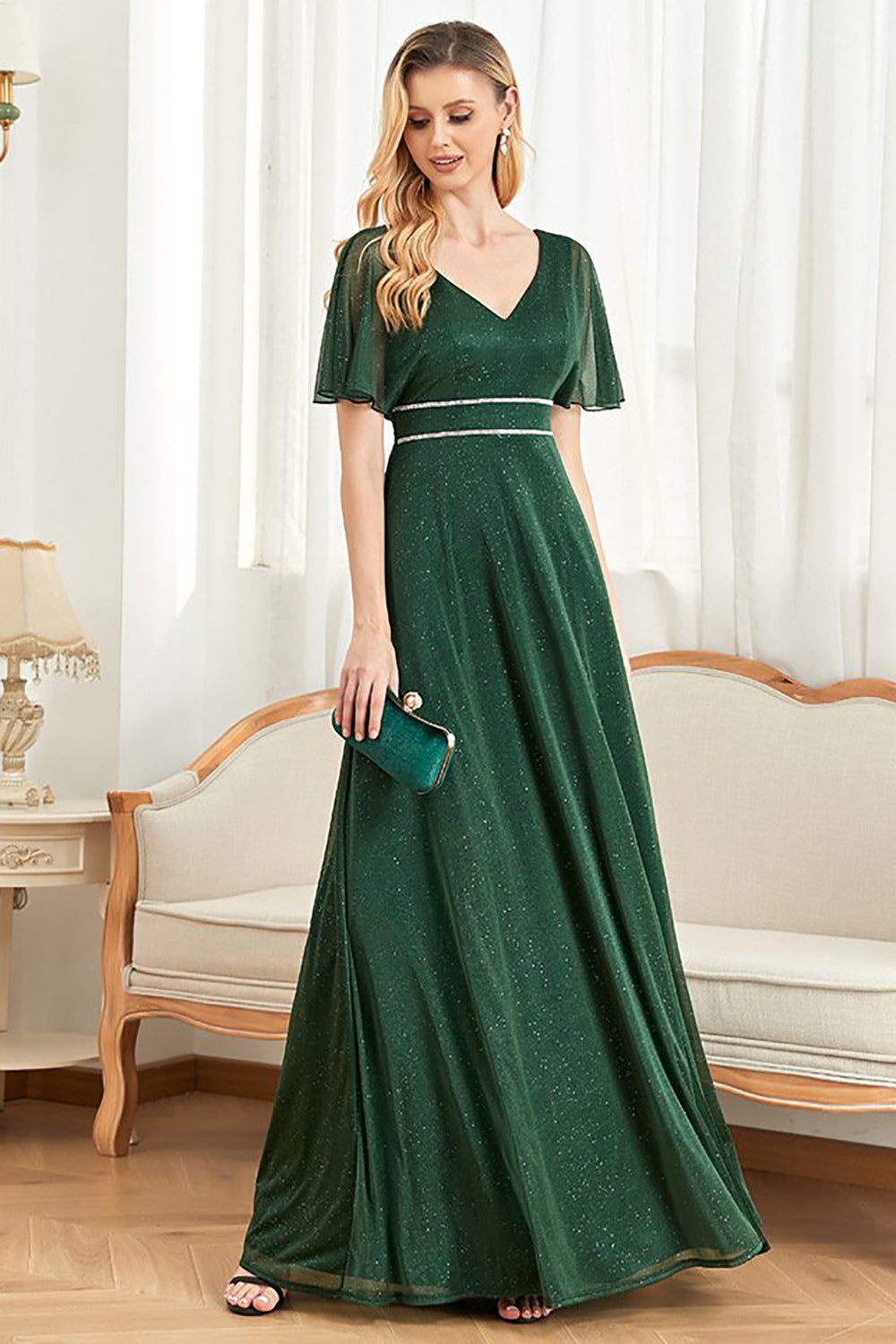 Sparkly Flutter Sleeves V-Neck Dark Green A Line Prom Dress sold by Zapaka product image thumbnail 3