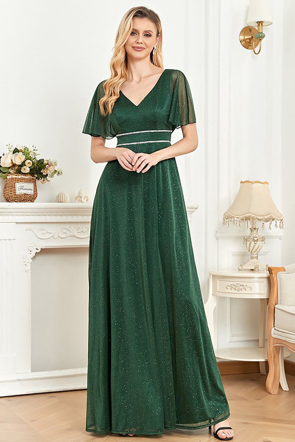 Sparkly Flutter Sleeves V-Neck Dark Green A Line Prom Dress sold by Zapaka product image thumbnail 4