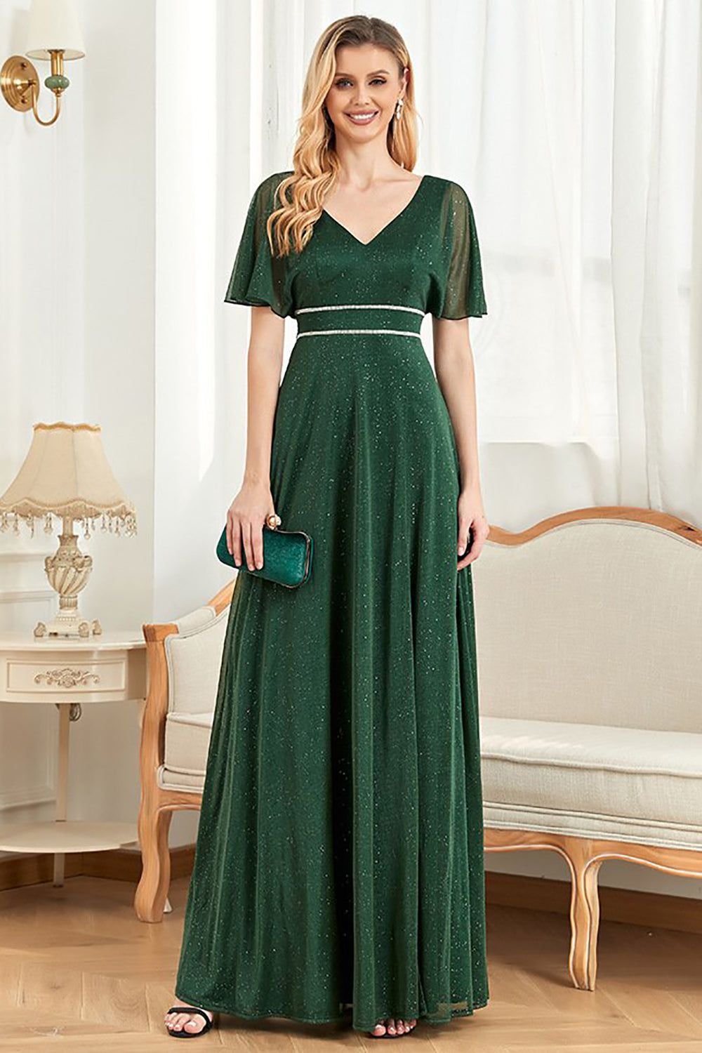 Sparkly Flutter Sleeves V-Neck Dark Green A Line Prom Dress sold by Zapaka