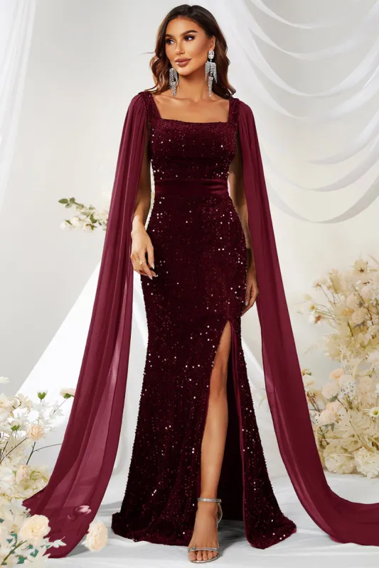 Burgundy Mermaid Square Neck Sequins Long Prom Dress with Slit sold by Zapaka