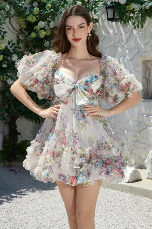 Trendy A Line Ivory Floral Printed Short Tulle Homecoming Dress with Short Sleeves sold by Zapaka