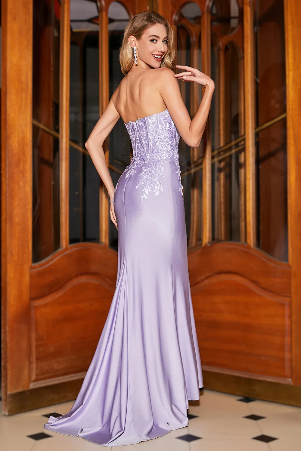 Stylish Mermaid Sweetheart Lilac Corset Prom Dress with Lace Appliques sold by Zapaka product image thumbnail 2