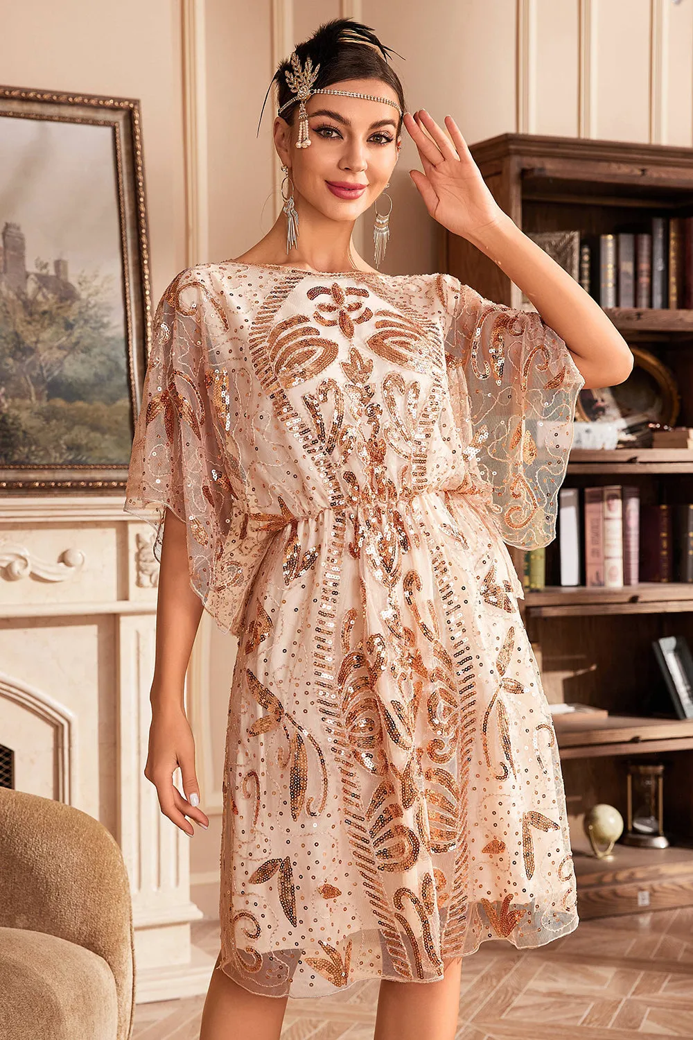 Batwing Sleeves Champagne Sequins 1920s Dress sold by Zapaka product image thumbnail 3