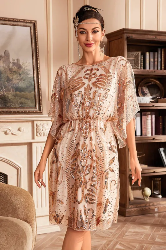Batwing Sleeves Champagne Sequins 1920s Dress sold by Zapaka