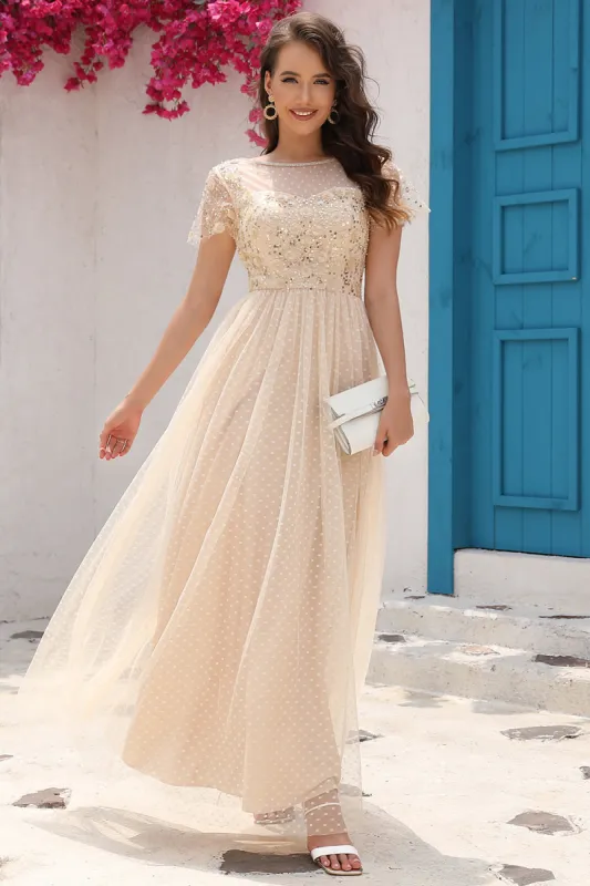 A Line Tulle Apricot Sequins Formal Prom Dress with Appliques sold by Zapaka