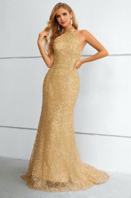 Golden Halter Neck Mermaid Prom Dress sold by Zapaka