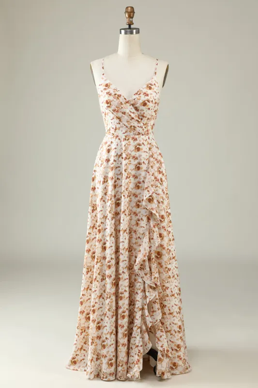 White Floral Boho Bridesmaid Dress with Ruffles sold by Zapaka