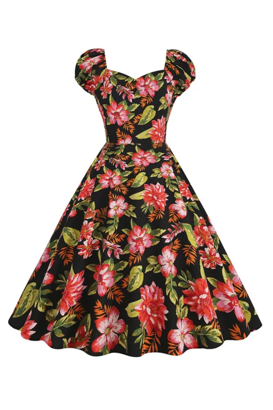 Black Flower Print Swing Retro Dress With Short Sleeves sold by Zapaka