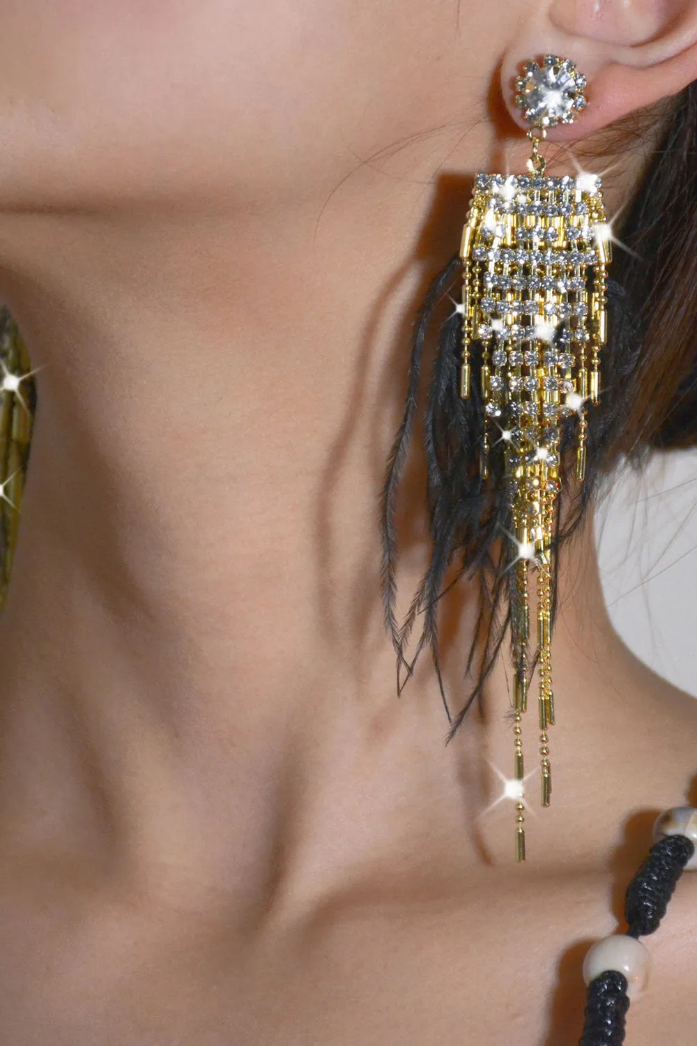 Tassel Feather Rhinestone Long Earrings sold by Zapaka product image thumbnail 3