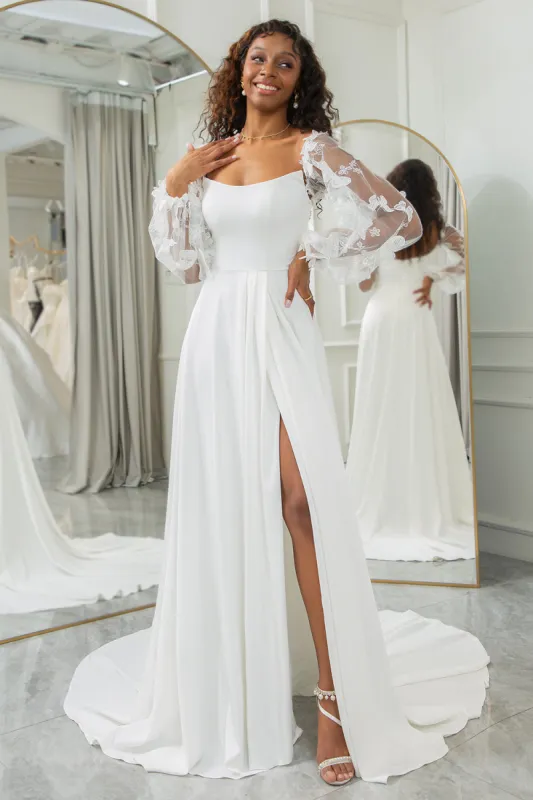 Ivory Detachable Long Sleeves Butterflies Boho Wedding Dress sold by Zapaka