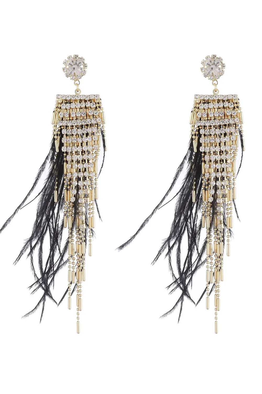 Tassel Feather Rhinestone Long Earrings sold by Zapaka