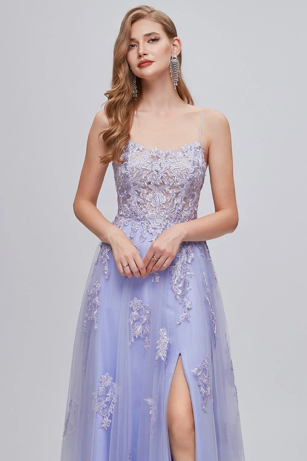 Lavender Spaghetti Straps Appliques Long Prom Dress with Slit sold by Zapaka product image thumbnail 5