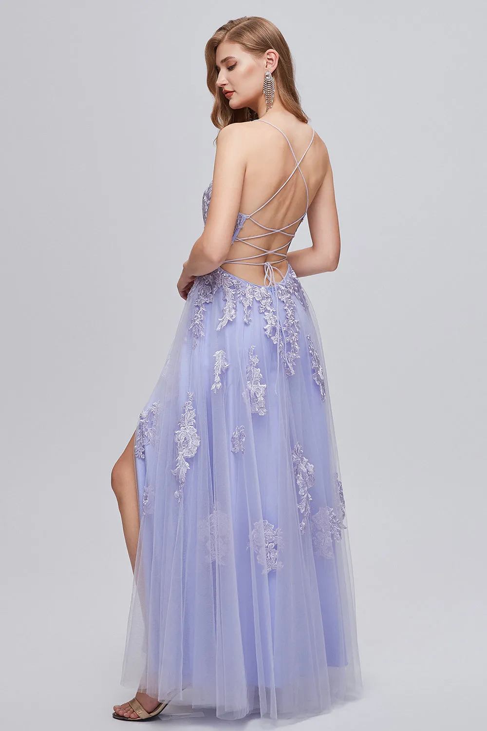 Lavender Spaghetti Straps Appliques Long Prom Dress with Slit sold by Zapaka product image thumbnail 2