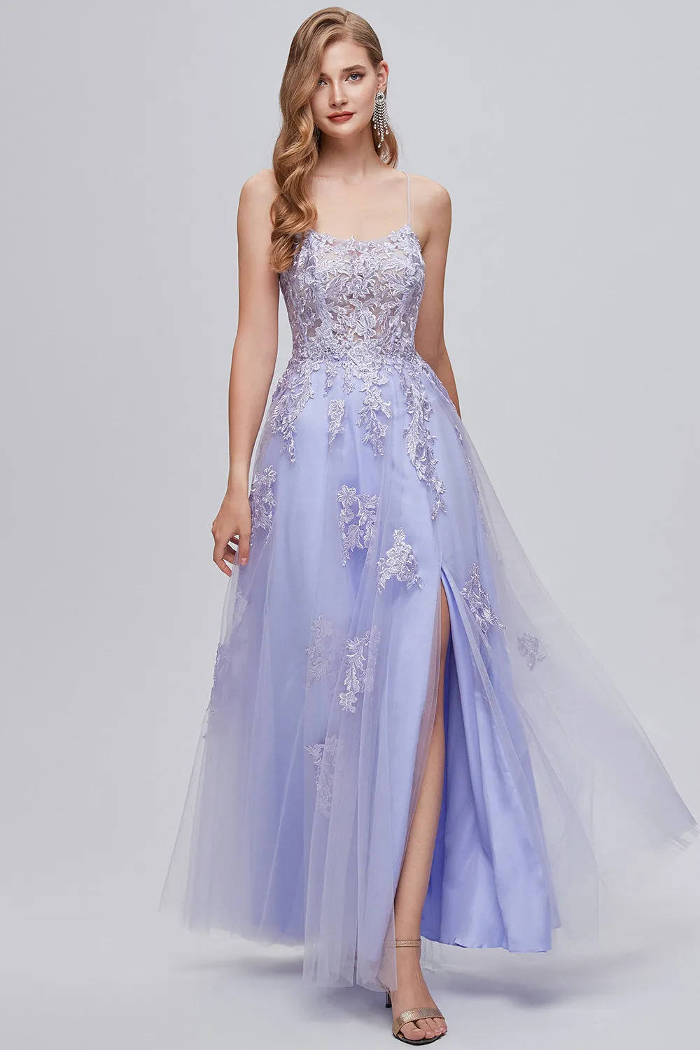 Lavender Spaghetti Straps Appliques Long Prom Dress with Slit sold by Zapaka product image thumbnail 3
