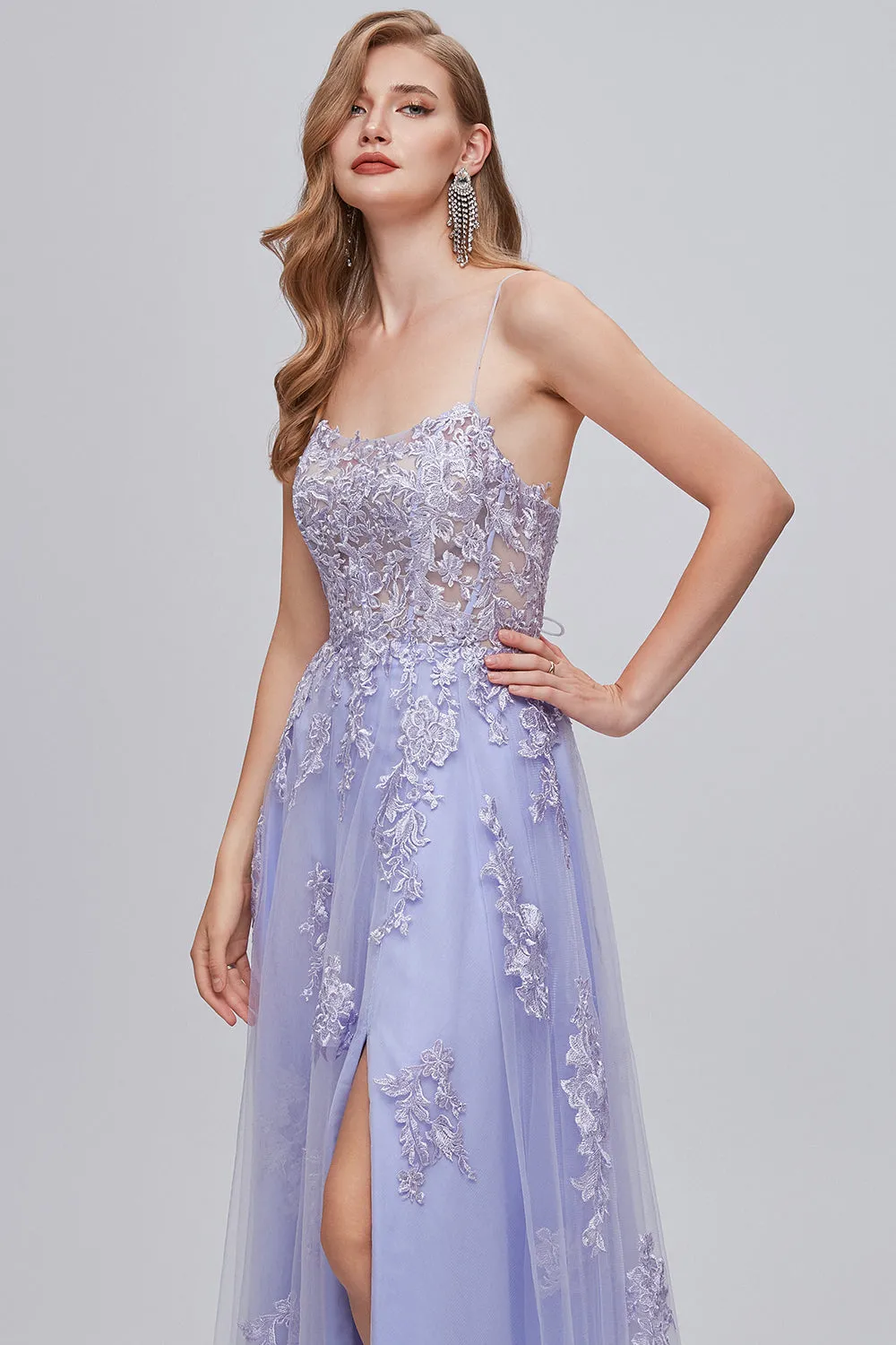 Lavender Spaghetti Straps Appliques Long Prom Dress with Slit sold by Zapaka product image thumbnail 4
