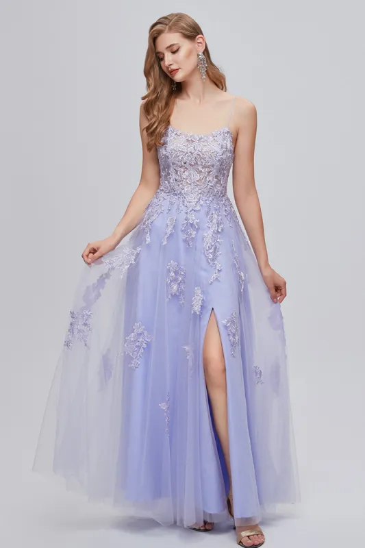 Lavender Spaghetti Straps Appliques Long Prom Dress with Slit sold by Zapaka