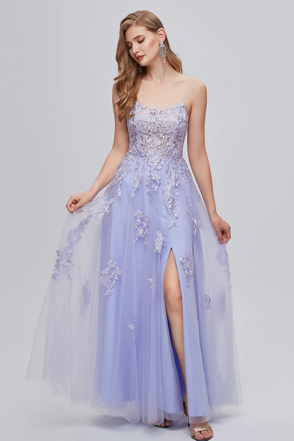 Lavender Spaghetti Straps Appliques Long Prom Dress with Slit sold by Zapaka