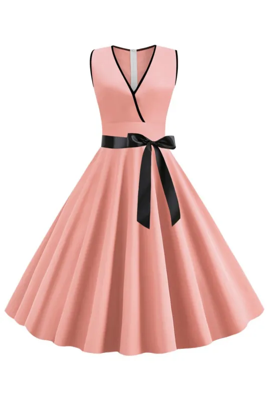 Blush Sleeveless V-Neck 1950s Dress With Bowknot sold by Zapaka