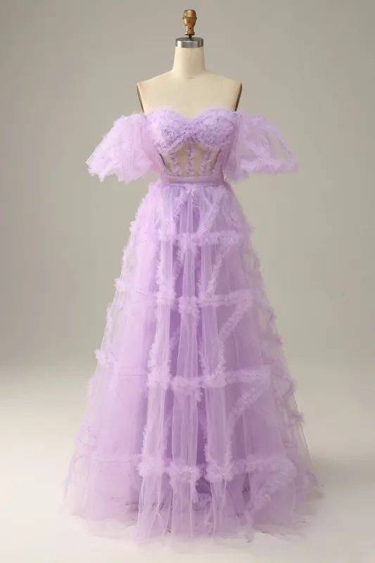 Purple A Line Off The Shoulder Sheer Boned Corset Long Tulle Prom Dress sold by Zapaka