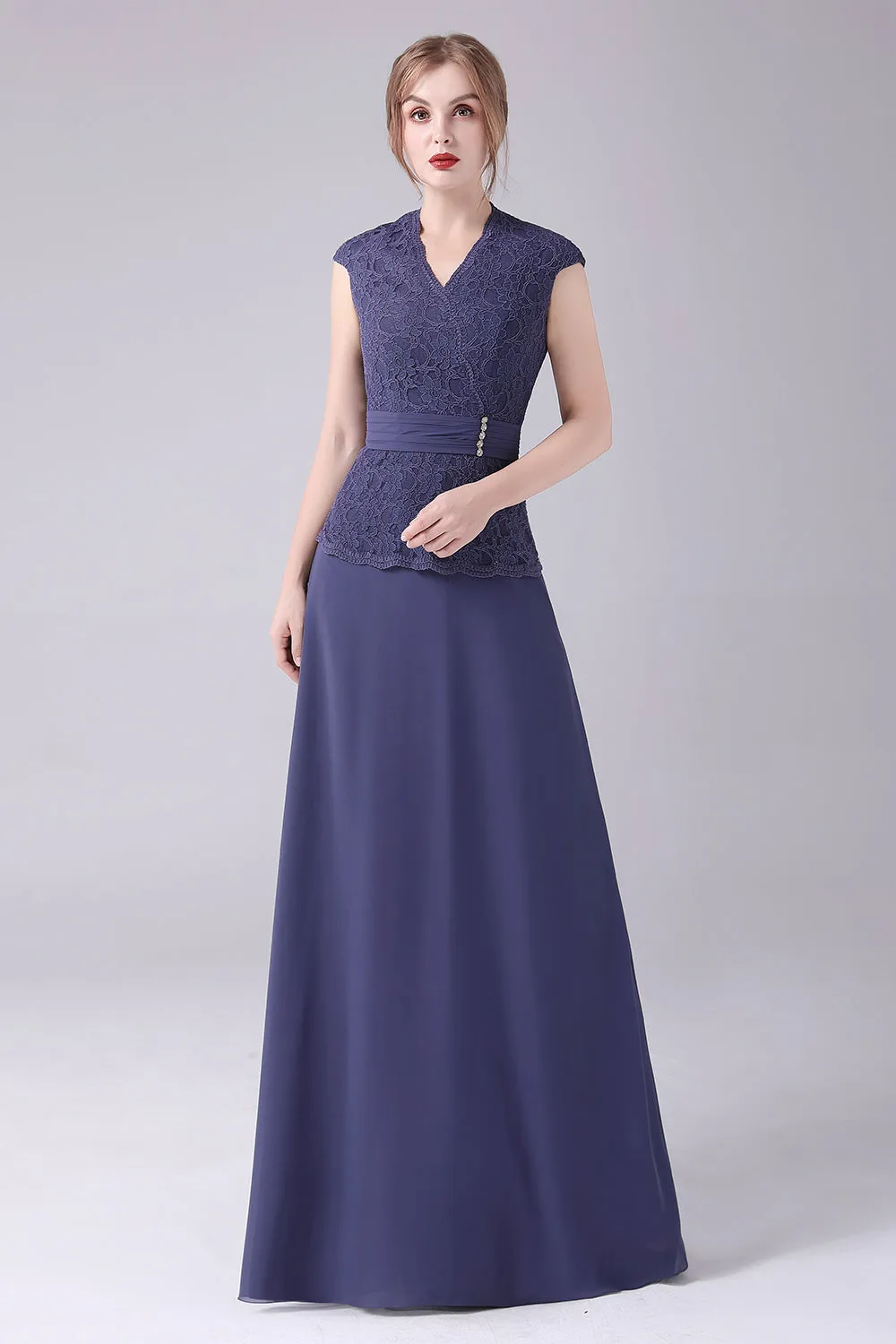 Stormy Blue A-line V-neck Floor Length Mother of the Bride Dress sold by Zapaka