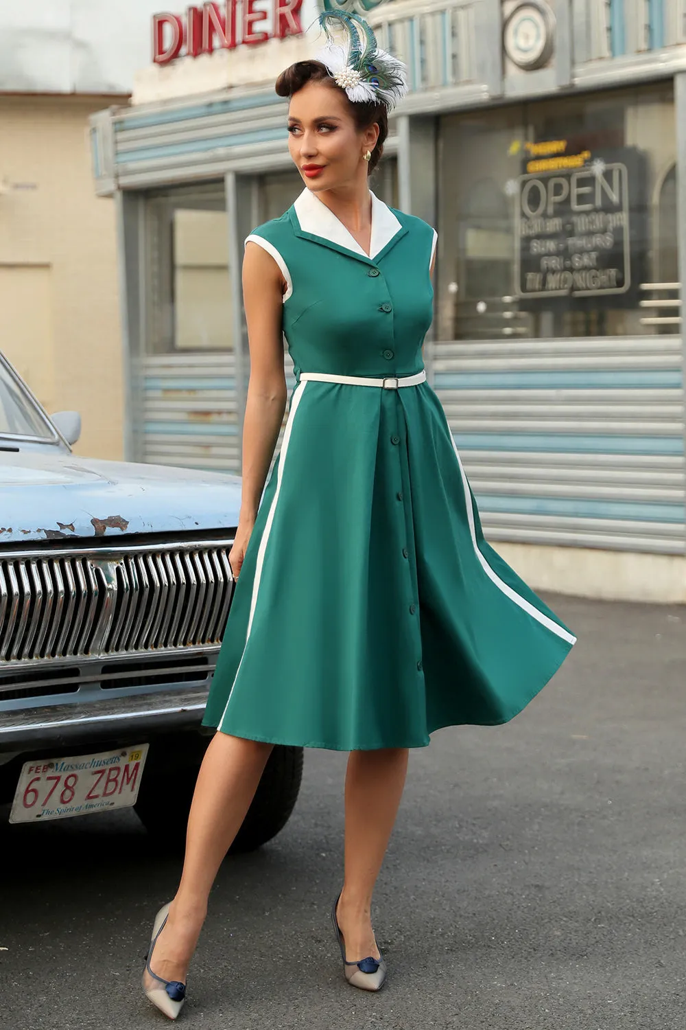 Green Lapel Neck 1950s Swing Dress with Belt sold by Zapaka product image thumbnail 5
