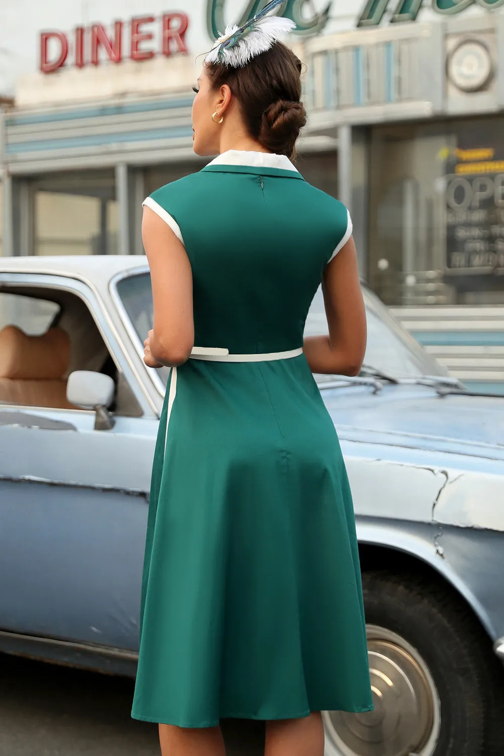 Green Lapel Neck 1950s Swing Dress with Belt sold by Zapaka product image thumbnail 2