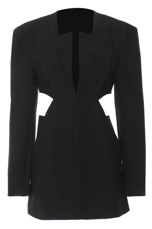 Black Slim Fit Cut-out Women Collarless Blazer sold by Zapaka