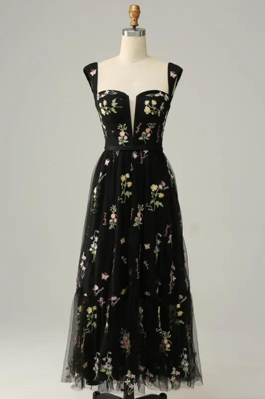 A Line Sweetheart Black Long Prom Dress with Embroidery sold by Zapaka