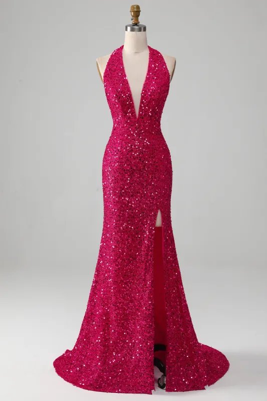 Fuchsia Mermaid Halter Sequin Prom Dress With Slit sold by Zapaka