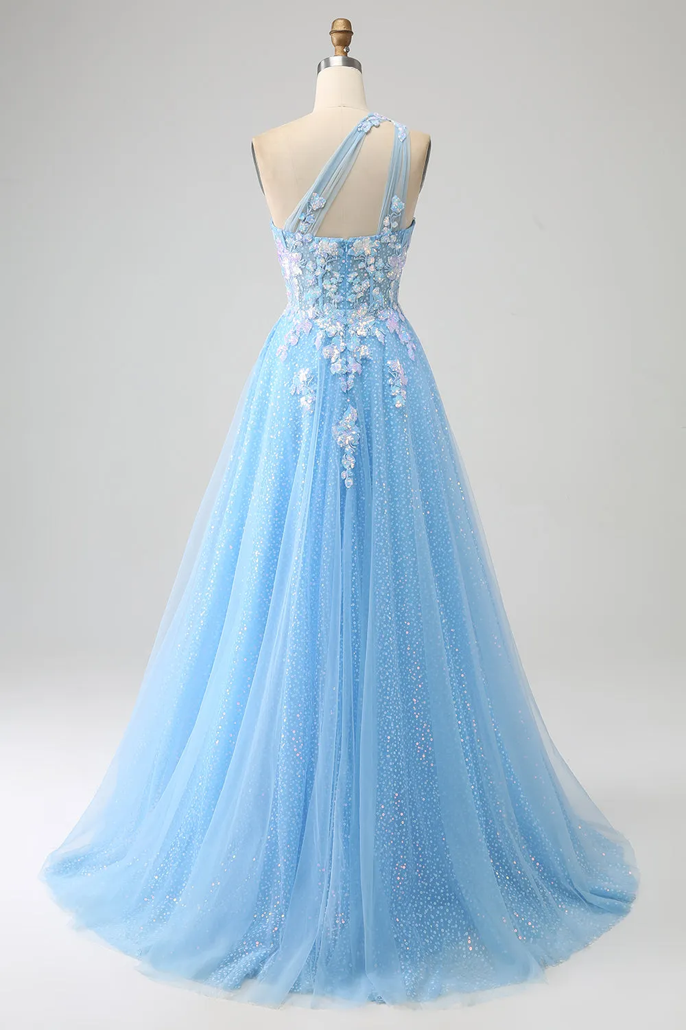 Stunning A Line One Shoulder Light Blue Long Tulle Prom Dress with Appliques sold by Zapaka product image thumbnail 2
