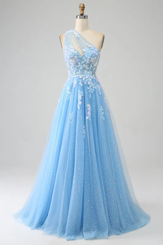 Stunning A Line One Shoulder Light Blue Long Tulle Prom Dress with Appliques sold by Zapaka