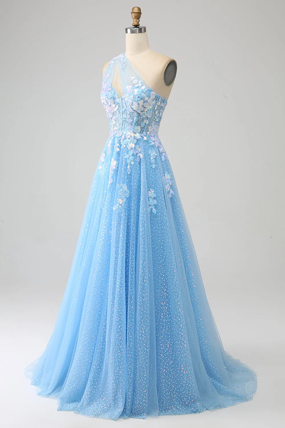Stunning A Line One Shoulder Light Blue Long Tulle Prom Dress with Appliques sold by Zapaka product image thumbnail 3