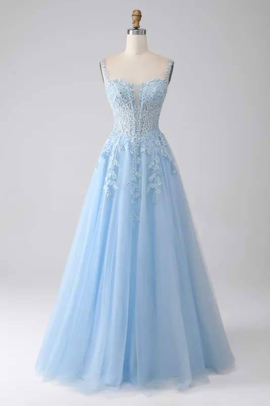 A-Line Light Blue Corset Prom Dress with Appliques sold by Zapaka