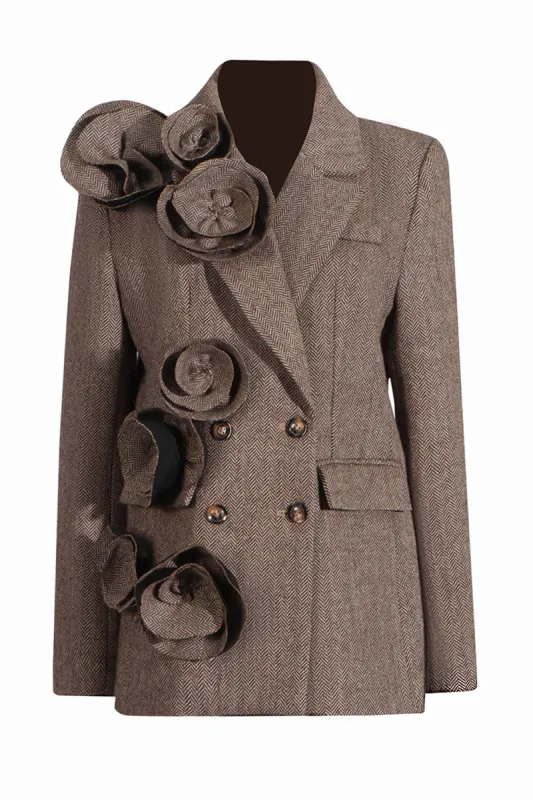 Coffee Herringbone Notched Lapel Women Blazer with 3D Flower sold by Zapaka