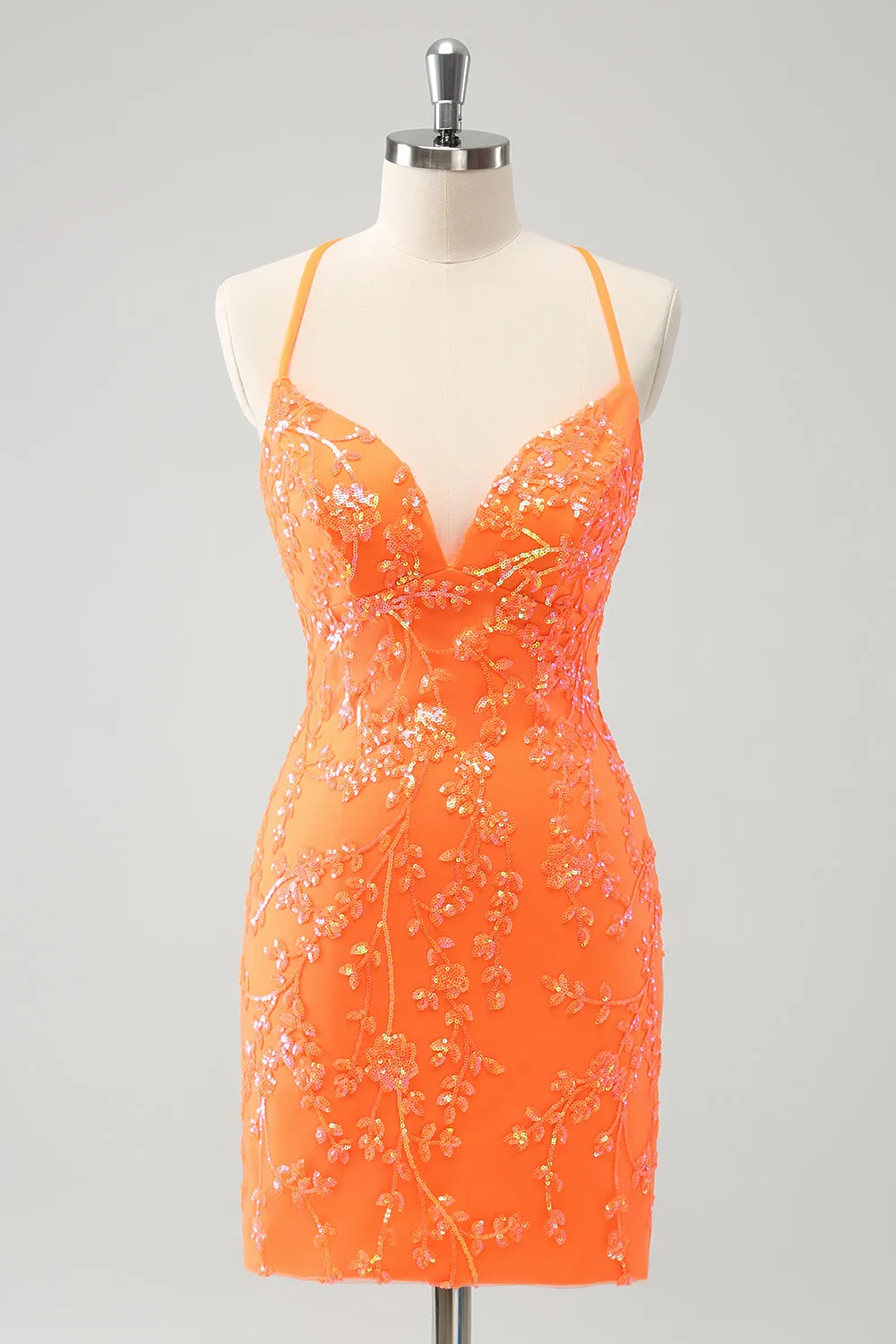 Sparkly Orange Lace-Up Back Tight Short Homecoming Dress with Sequins sold by Zapaka