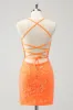 Sparkly Orange Lace-Up Back Tight Short Homecoming Dress with Sequins sold by Zapaka
